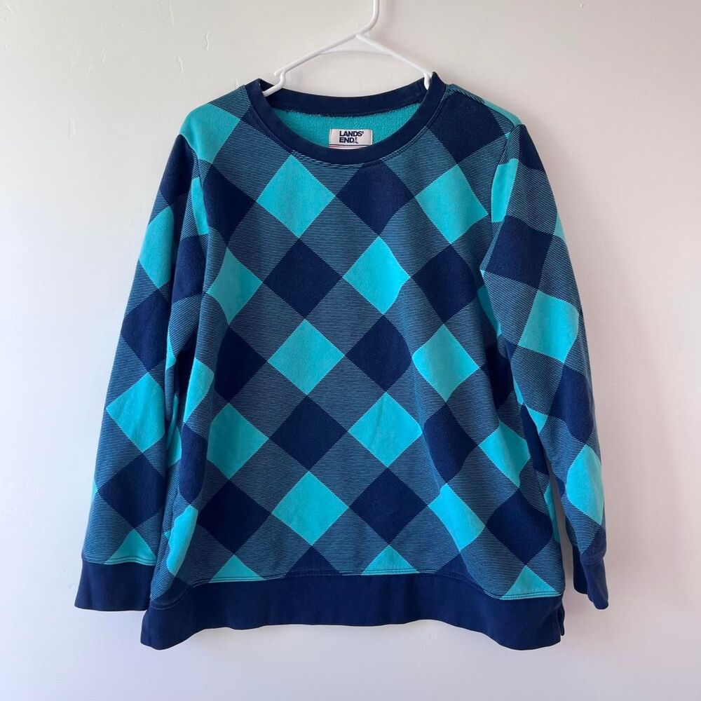 Lands End Serious Sweat Buffalo Plaid Crewneck Sweatshirt Teal Navy Size L